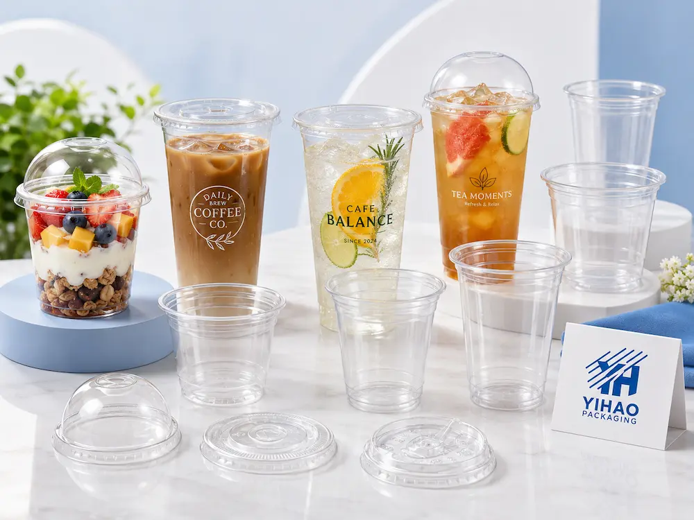 Wholesale Custom Cups for Supermarkets, Cafes, Bakeries, and Foodservice Brands 4 Wholesale custom PET cups with matching lids for cold drinks, desserts, and branded beverage packaging