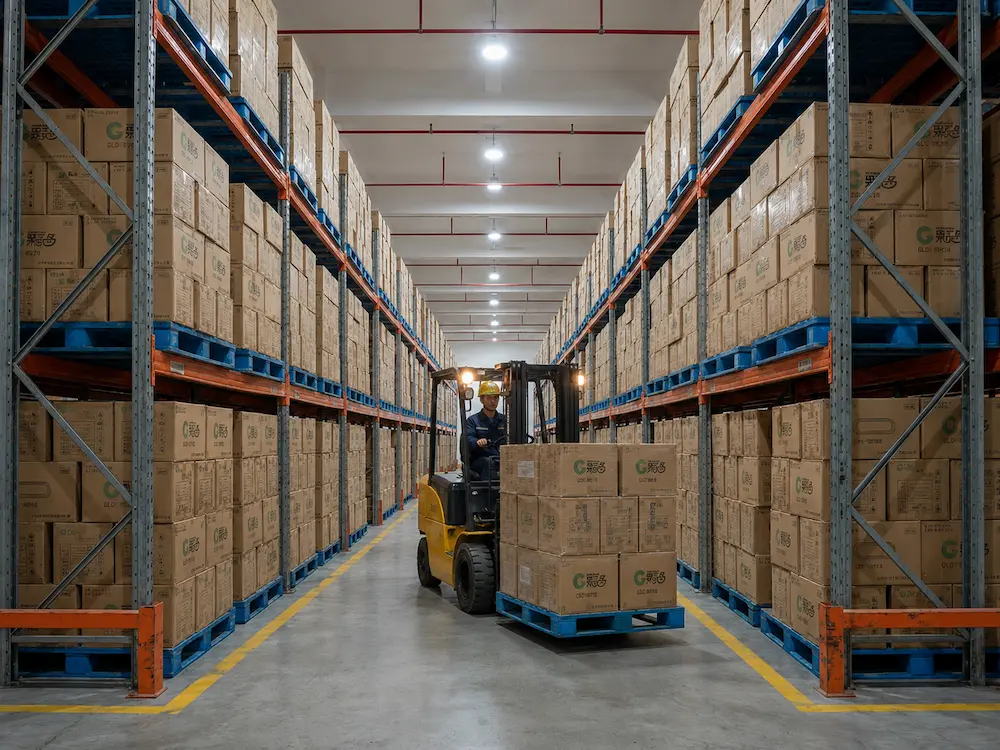 Warehouse storage of wholesale deli container cartons prepared for bulk food packaging orders
