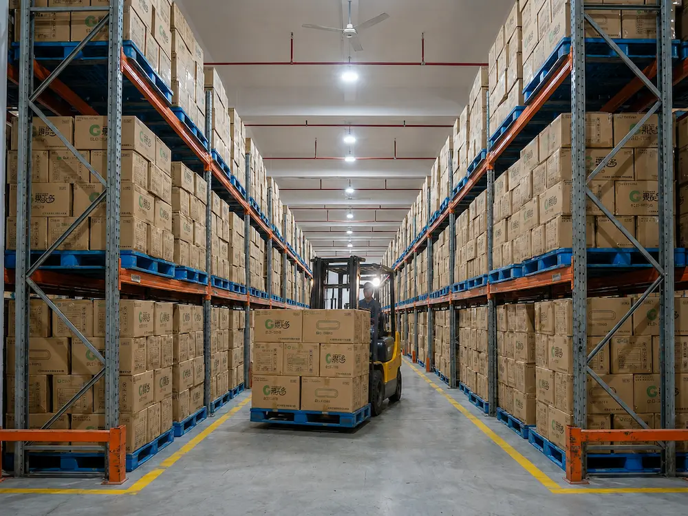 Deli Food Packaging FAQ: Materials, Sizes, Uses, and Ordering Questions 6 Warehouse storage for wholesale deli food packaging cartons stacked on pallets and racks