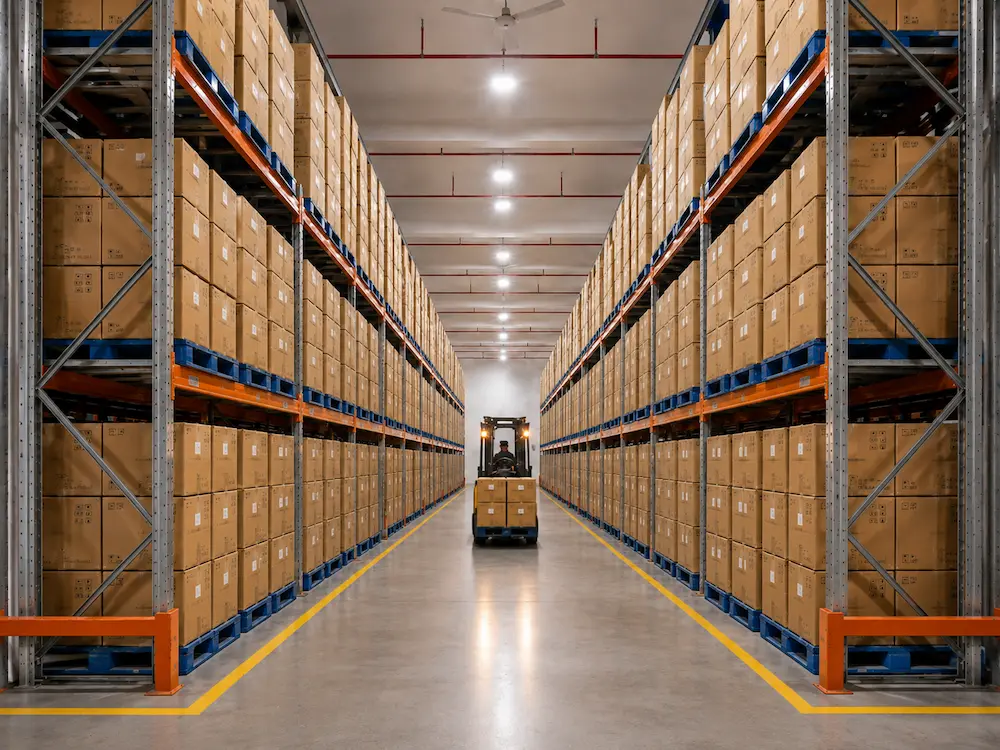 Wholesale warehouse storage for packaged food containers and carton distribution