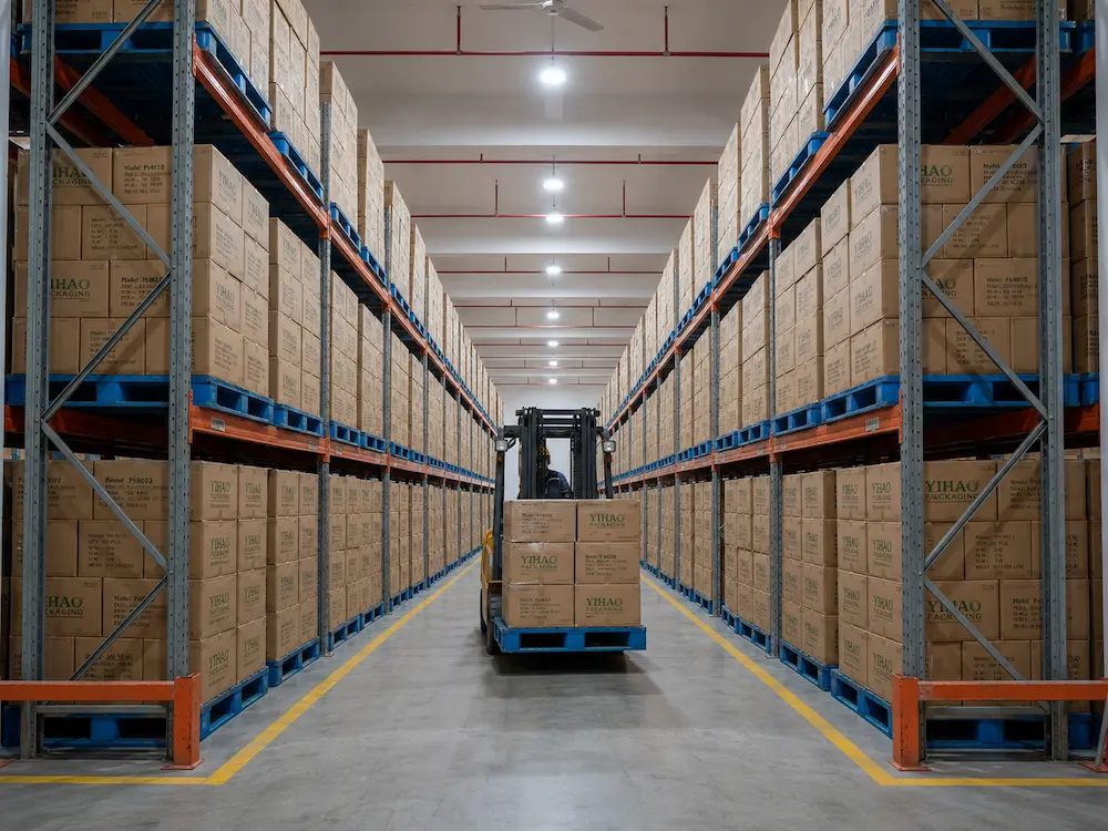 Wholesale food packaging warehouse with stacked cartons of round containers ready for repeat supply