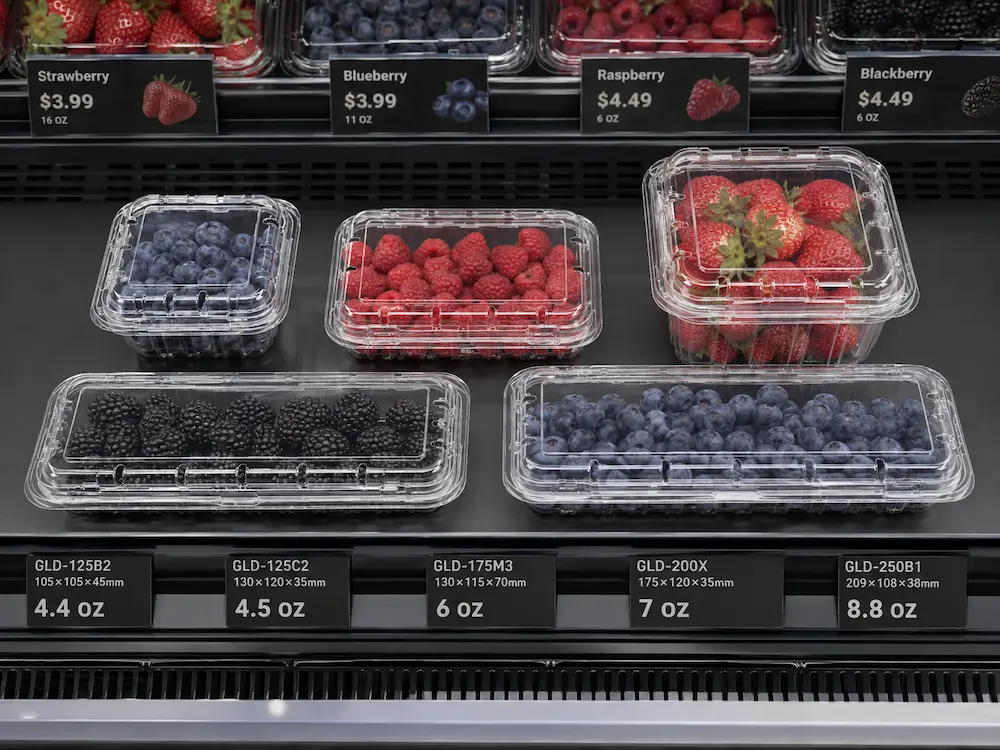 Wholesale fresh produce packaging display with clear PET berry clamshell containers