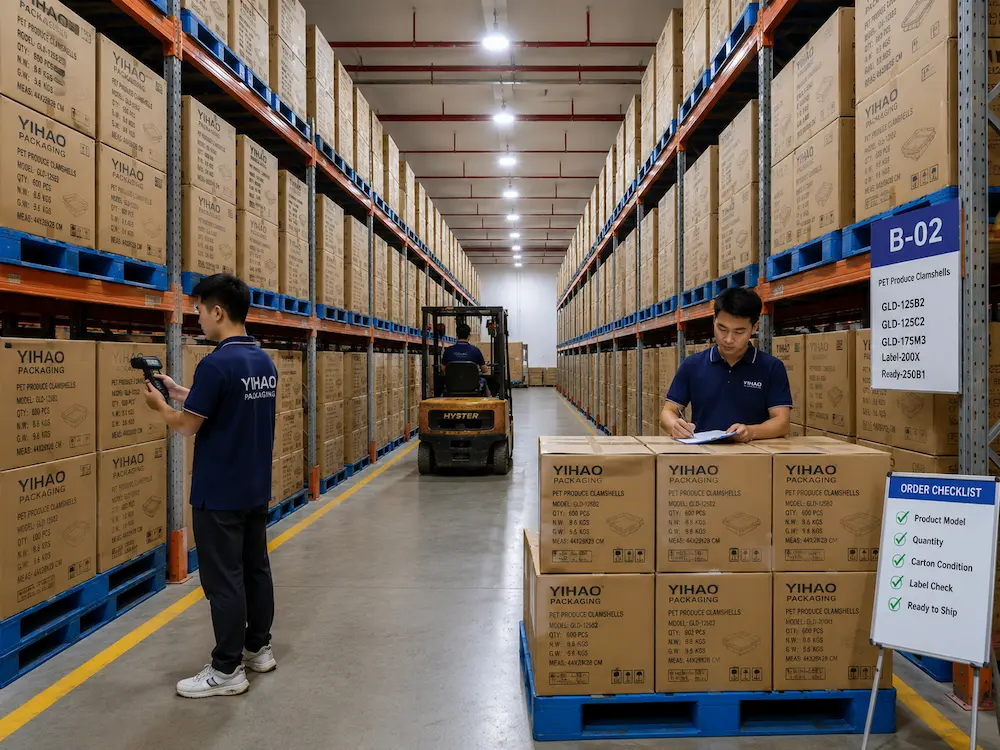 Wholesale fruit clamshell packaging cartons in organized warehouse inventory
