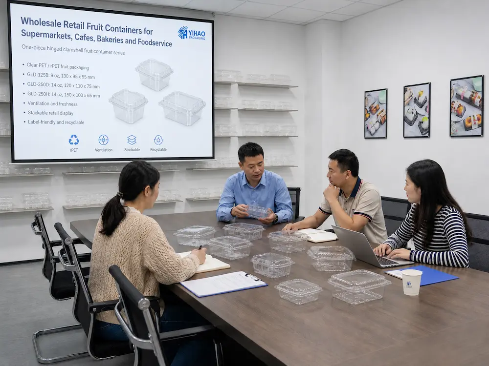 Packaging team reviewing clear PET fruit clamshell container samples in a meeting room