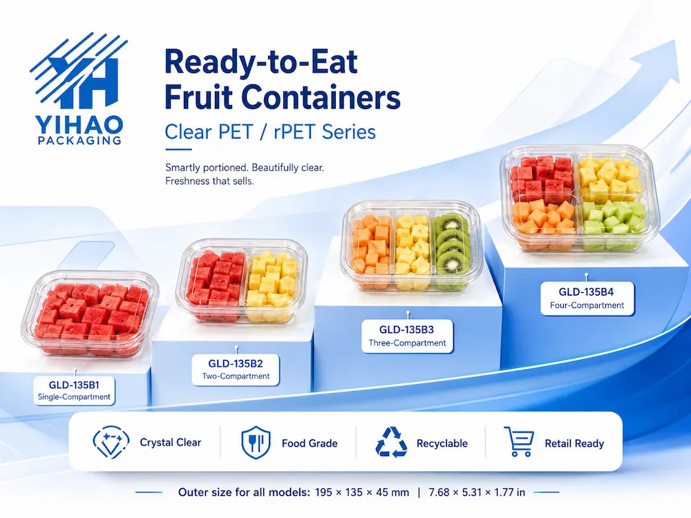 Wholesale fruit cup packaging with clear PET and rPET ready-to-eat fruit containers in single, two, three, and four compartment layouts