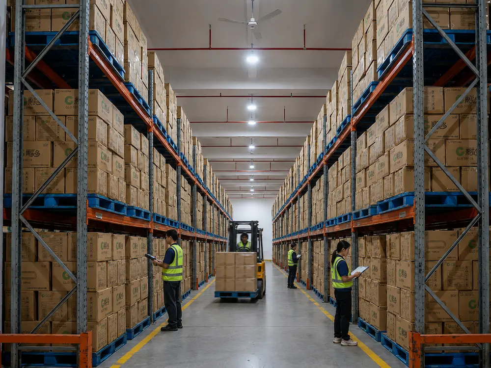 Wholesale fruit packaging cartons stored in an organized warehouse with pallet racks and forklift