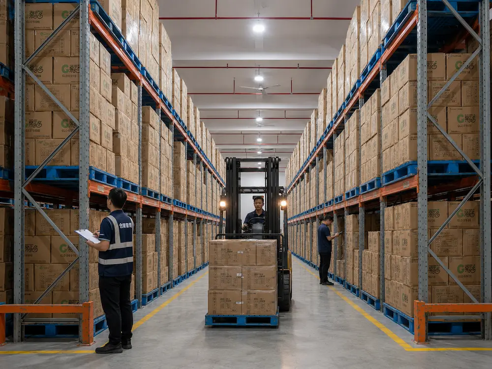 Wholesale fruit packaging cartons stored in an organized warehouse for supermarket supply