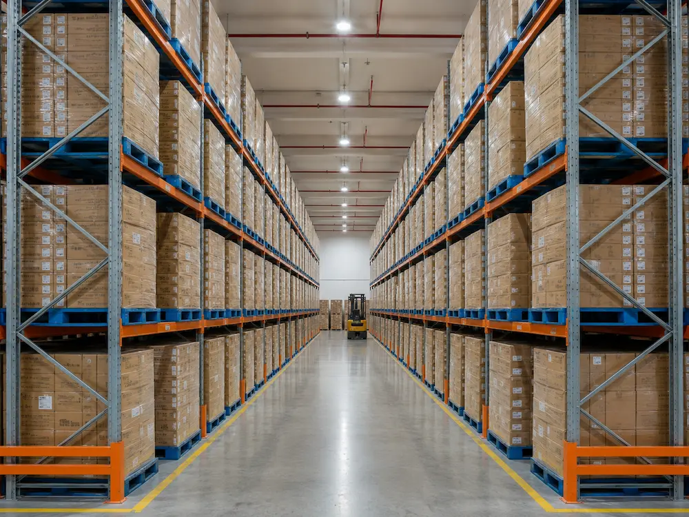 Warehouse inventory of boxed food packaging products for wholesale fruit packaging supply