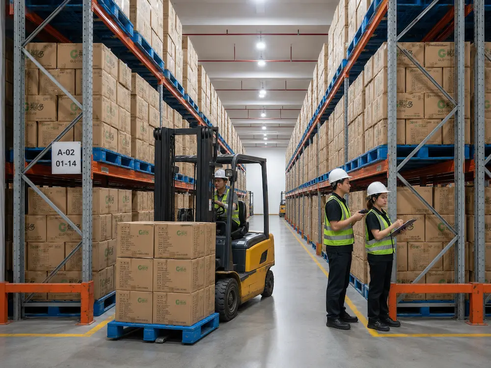 Retail Fruit Containers: Buyer Guide for Food Packaging Teams 6 Wholesale fruit packaging warehouse with cartons pallets forklift and inventory control
