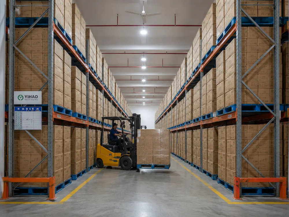 Ready-to-Eat Fruit Containers: Buyer Guide for Food Packaging Teams 6 Wholesale ready-to-eat fruit packaging cartons stored in a warehouse with forklift handling