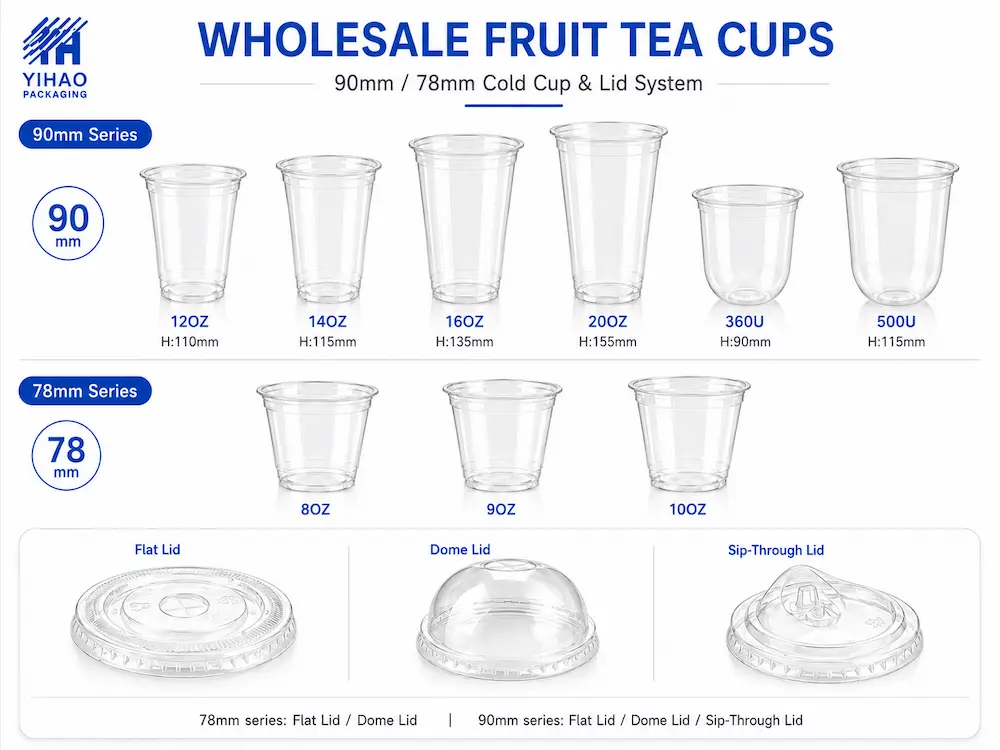 Wholesale Fruit Tea Cups: Manufacturer and Supplier Checklist 4 Wholesale fruit tea cups with 90mm and 78mm cold cup and lid system