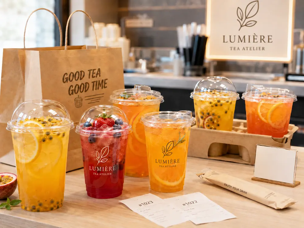 Wholesale fruit tea cups with clear PET cups, dome lids, flat lids, and takeaway packaging in a modern tea shop