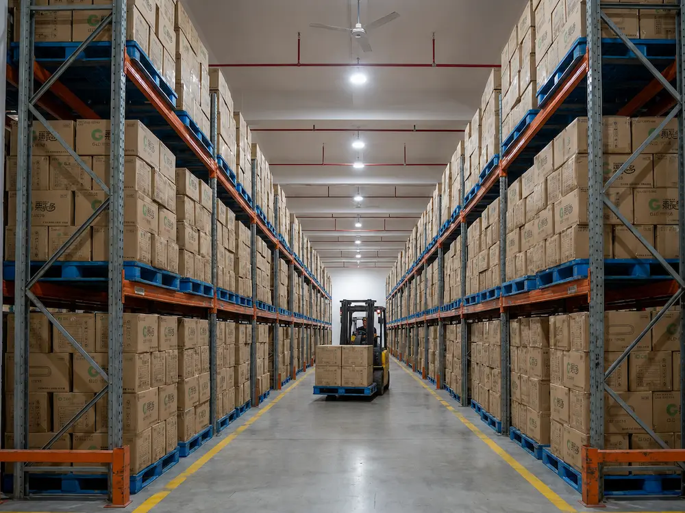 Wholesale food packaging cartons stored on pallets in an organized warehouse aisle