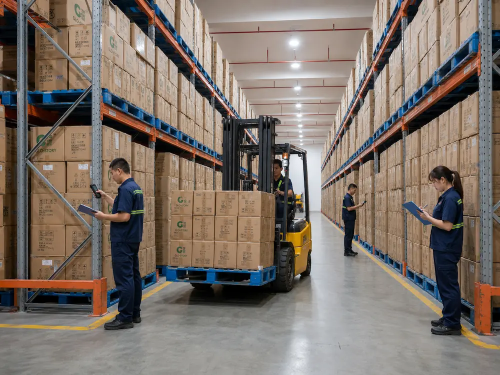 Vented Packaging Design for Fresh Produce, Cafes, Bakeries, and Foodservice Brands 7 Organized warehouse with sealed cartons, pallets, forklift, and staff managing wholesale food packaging inventory