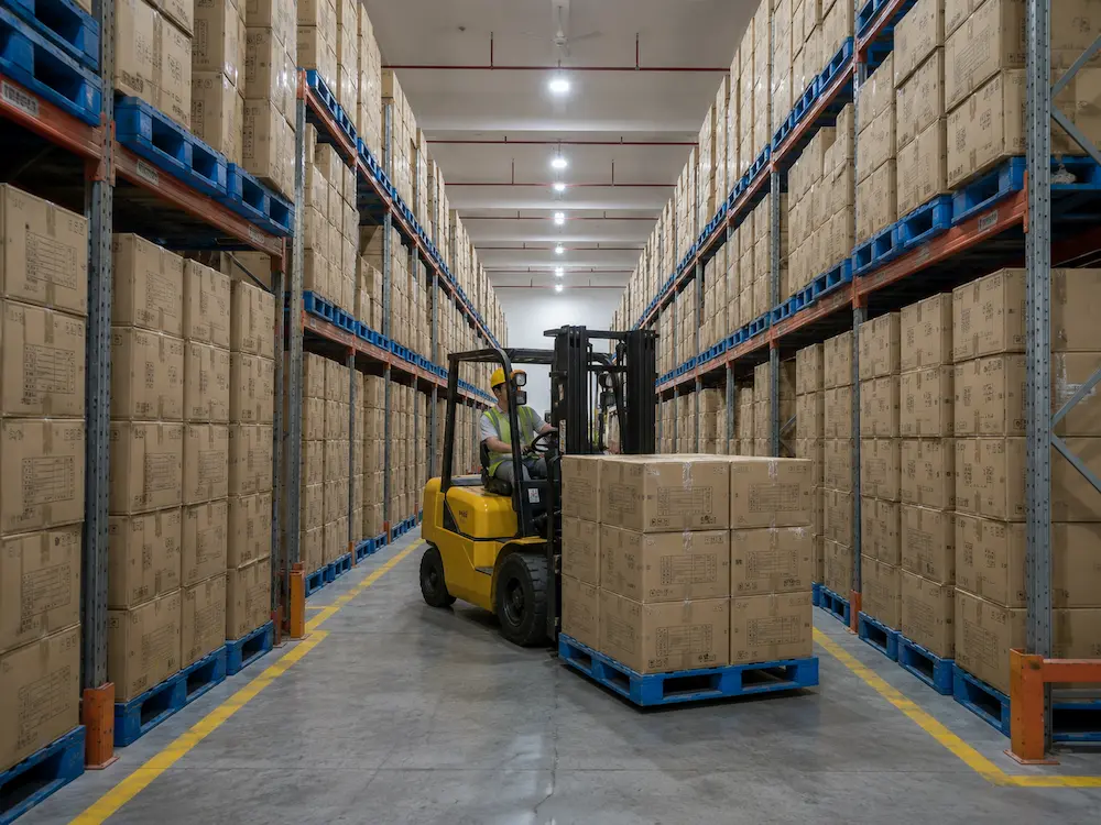 Wholesale packaging warehouse with cartons and forklift for salad container supply
