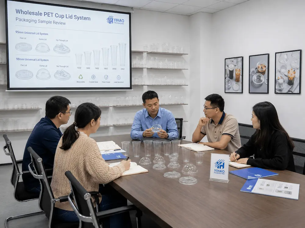 Wholesale PET Cup Lid System: Manufacturer and Supplier Checklist 5 YIHAO packaging team reviewing wholesale PET cup and lid system samples for 95mm and 98mm cold cup compatibility