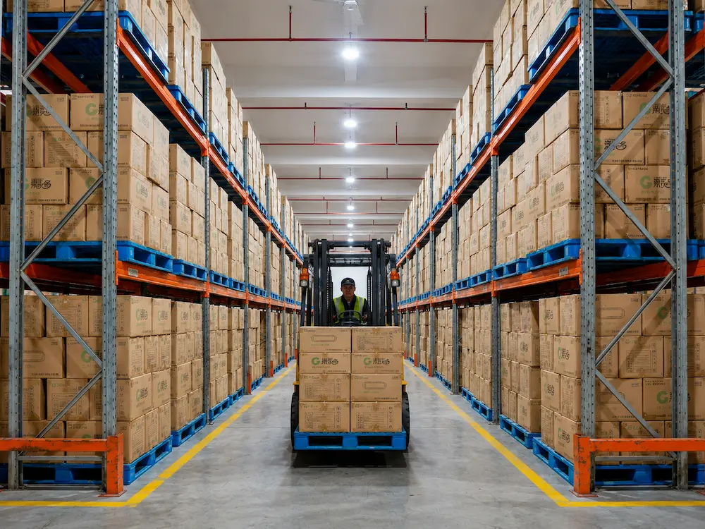 Wholesale PET deli container carton storage in organized warehouse with pallets and forklift handling