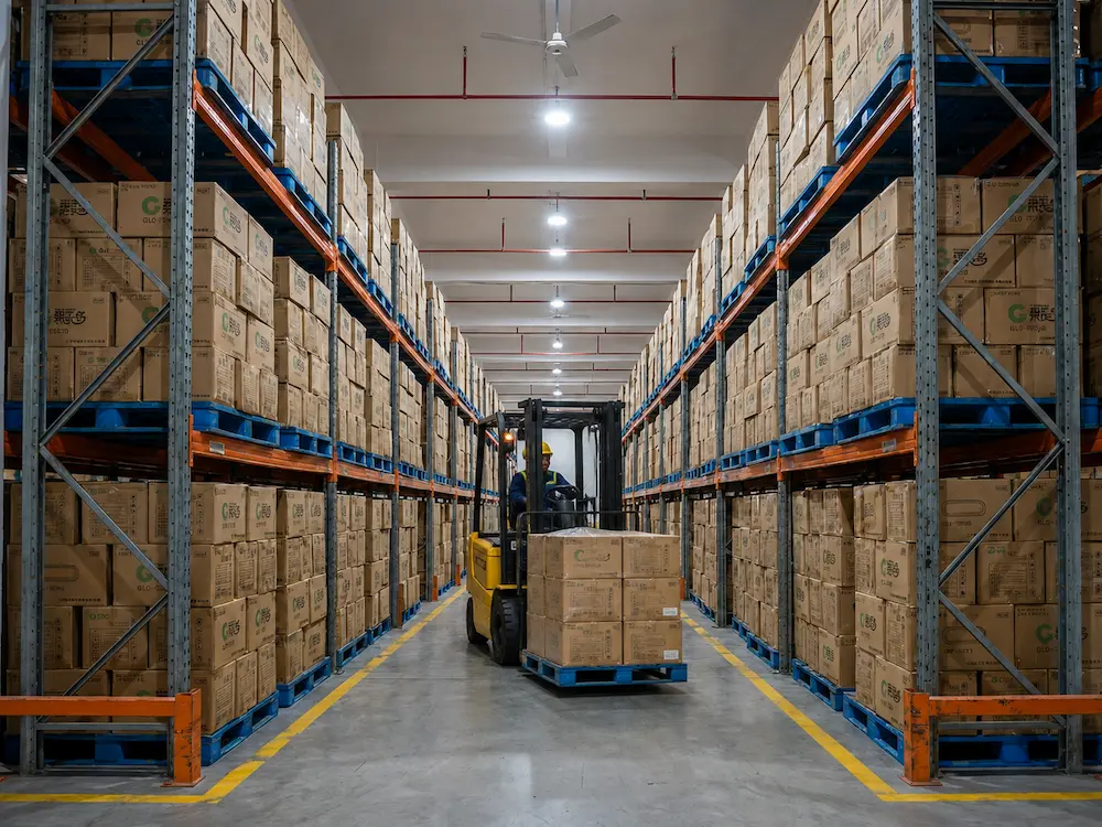Wholesale PET food container warehouse with cartons, pallet storage, and forklift handling