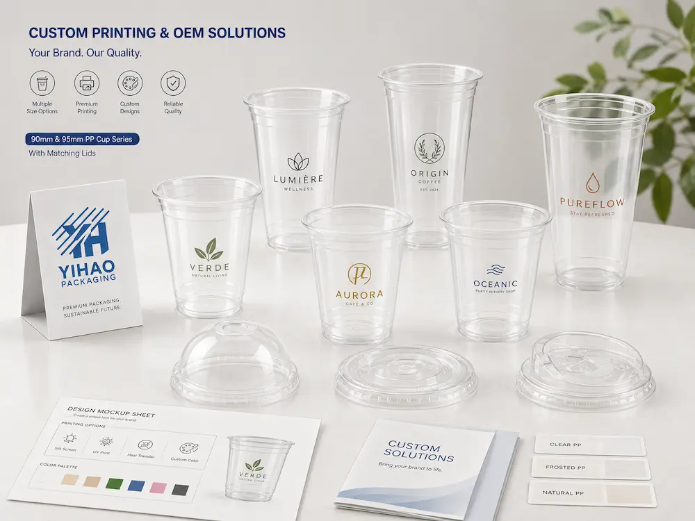 Wholesale PP Cup Manufacturer: Manufacturer and Supplier Checklist 4 Custom printed PP cold cups and matching lids from a wholesale PP cup manufacturer