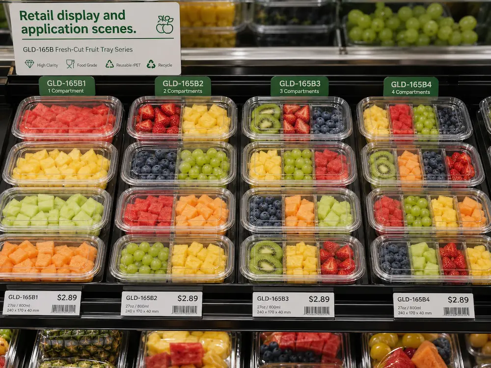 Wholesale Produce Display Design: Manufacturer and Supplier Checklist 5 GLD-165B clear PET fresh-cut fruit trays displayed in a refrigerated retail produce case with multiple compartment layouts