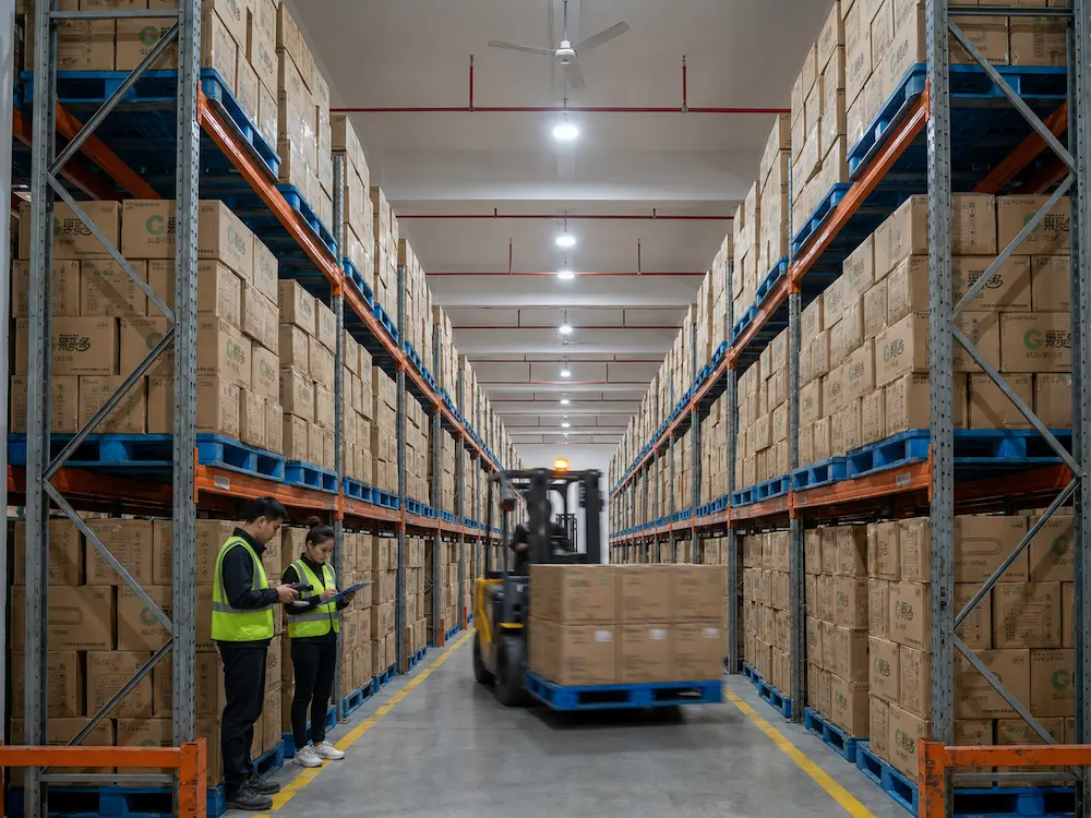 Wholesale produce packaging warehouse with stacked cartons, pallets, forklift handling, and organized inventory