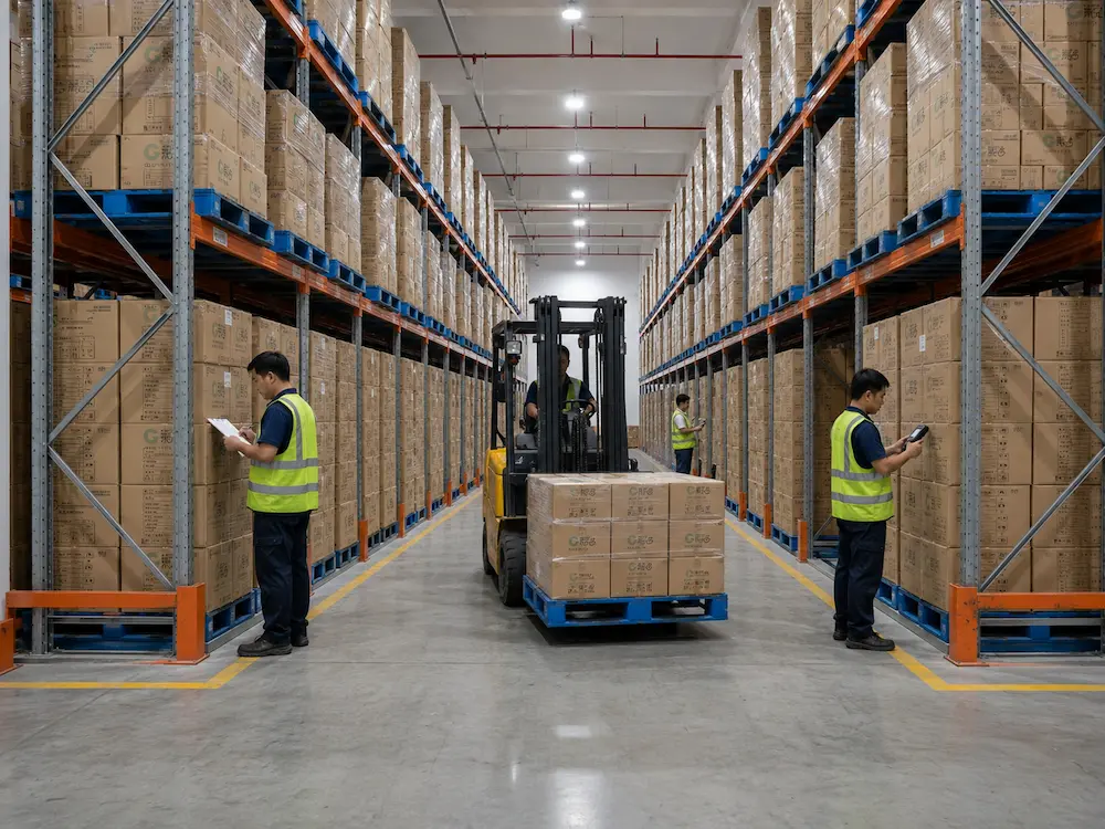 Fresh Produce Retail Display FAQ: Materials, Sizes, Uses, and Ordering Questions 7 Wholesale produce packaging warehouse with stacked cartons pallets and forklift for repeat supply