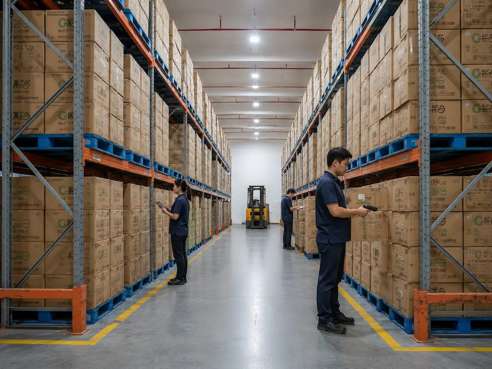 Best Breathable Produce Packaging for Retail Display, Takeaway, and Chilled Food 6 Wholesale produce packaging warehouse with stacked cartons pallets inventory racks and staff checking shipments