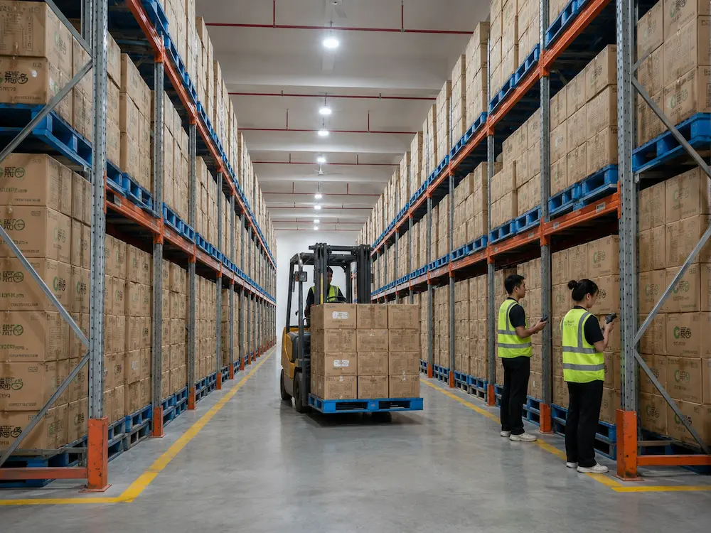 Wholesale food packaging warehouse with sealed cartons and pallet storage