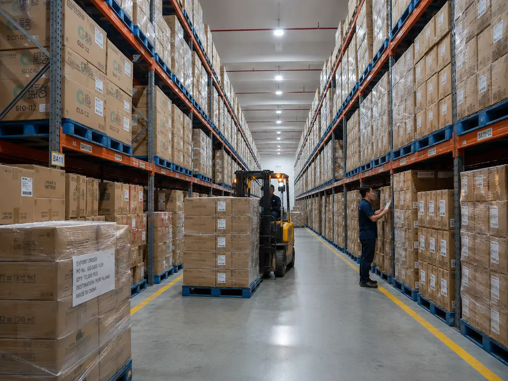 Wholesale produce packaging cartons stored on pallets in a warehouse for bulk container supply