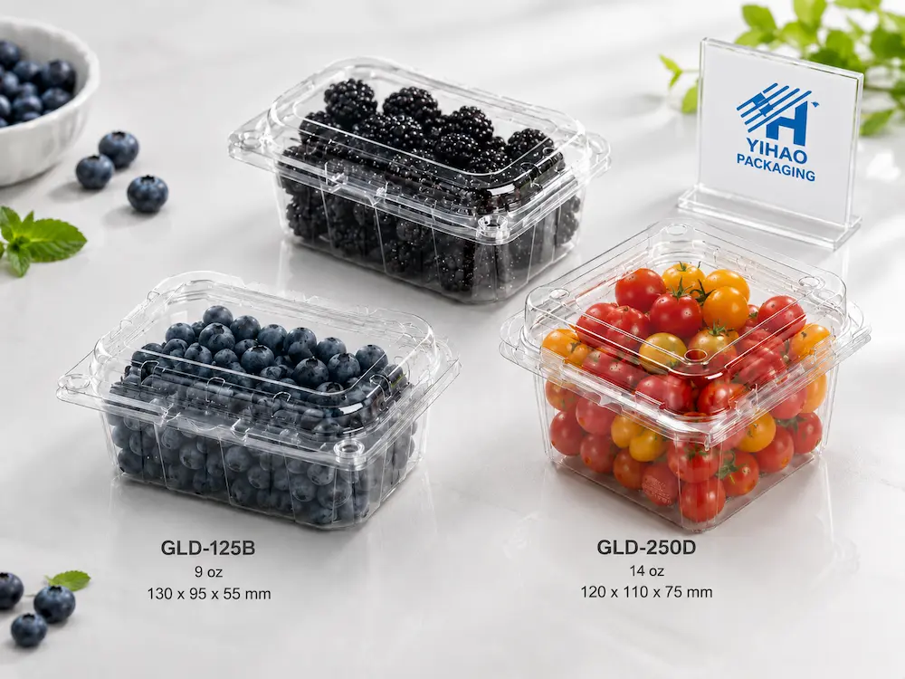Wholesale Retail Fruit Containers for Supermarkets, Cafes, Bakeries, and Foodservice Brands 13 Clear PET hinged clamshell fruit containers for blueberries blackberries and cherry tomatoes