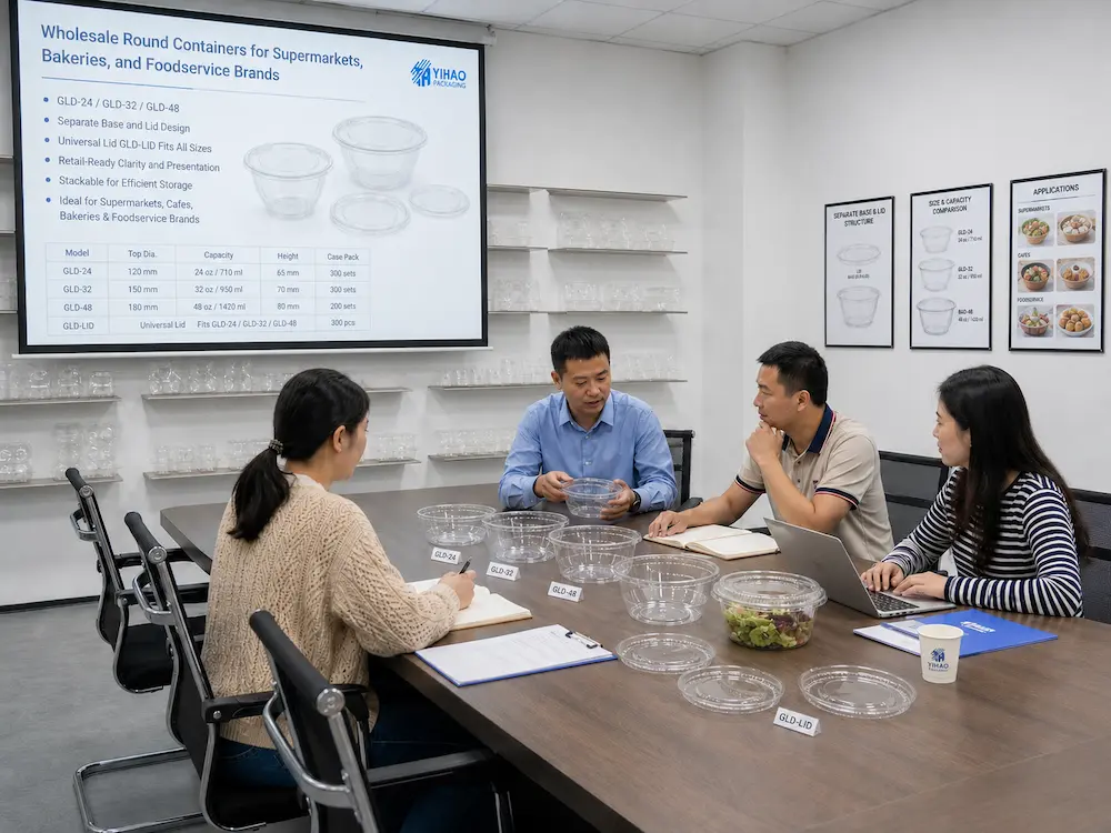 Food packaging manufacturer meeting with buyers to review clear round containers and matching lids