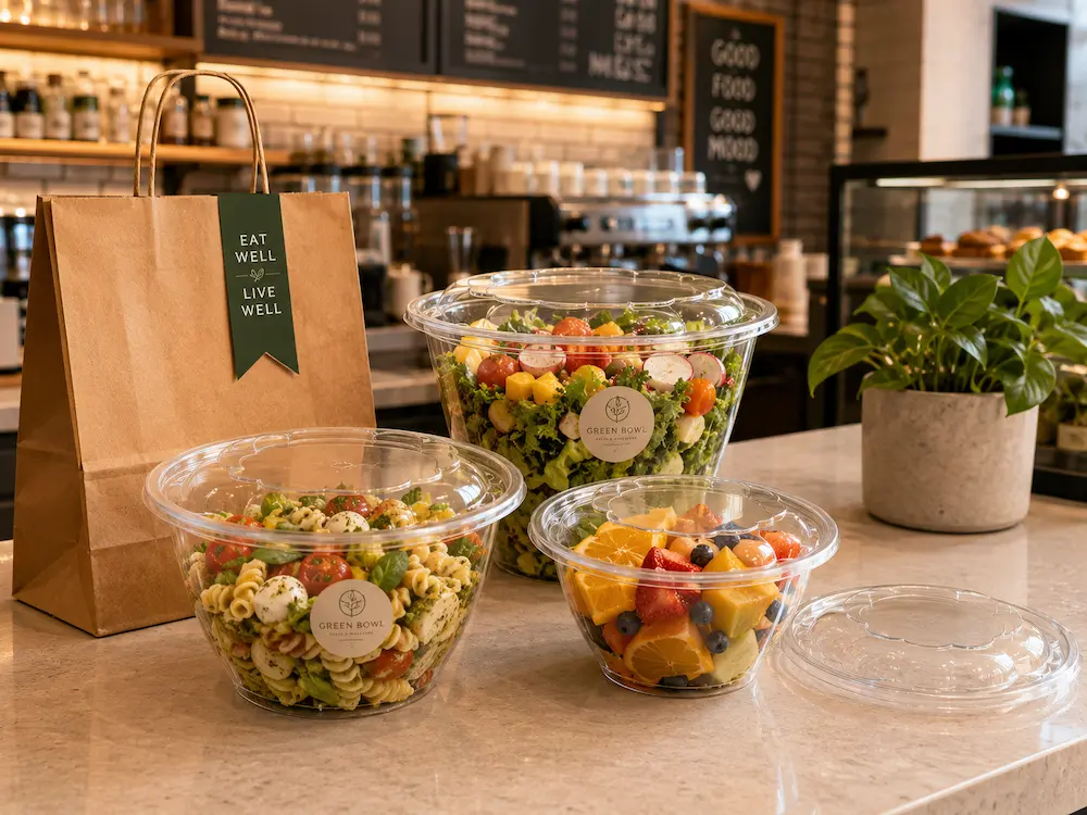 Wholesale round containers for salads, fruit bowls, and grab-and-go cafe food packaging