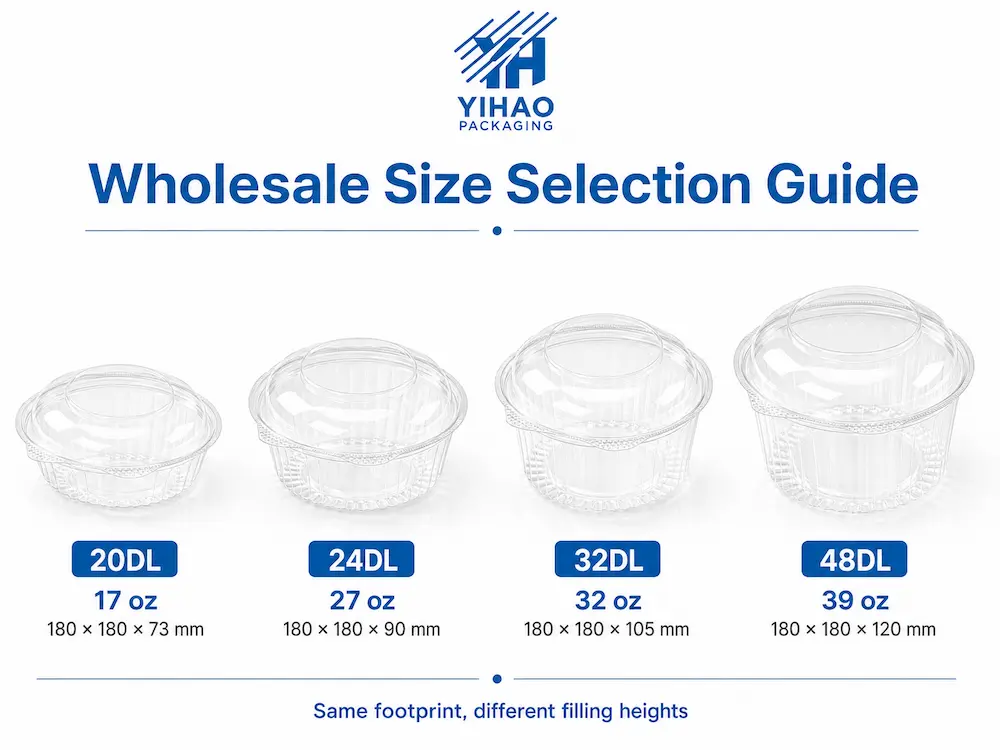 Wholesale size selection guide for clear PET hinged lid salad bowls