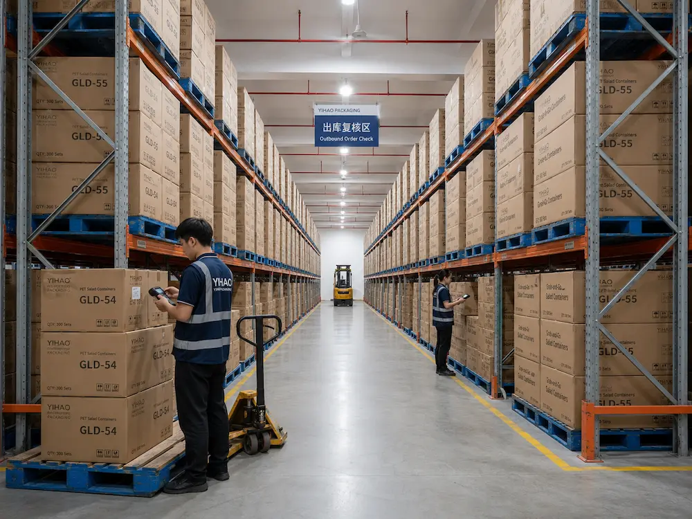 Grab-and-Go Salad Containers for Retail: Complete Buying Guide 5 Warehouse inventory of boxed YIHAO PET salad containers for wholesale storage and outbound order checking