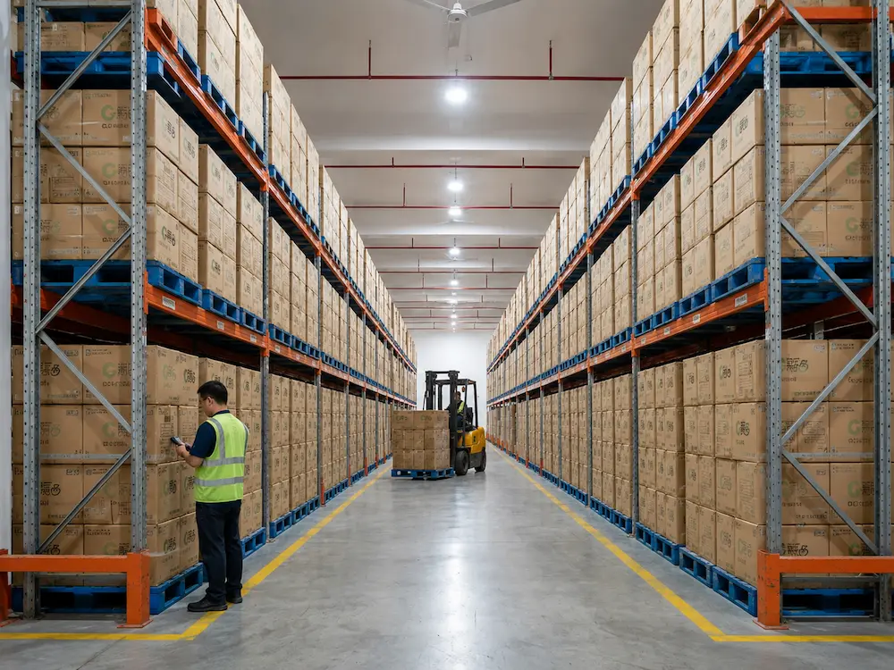 Wholesale salad container warehouse inventory with stacked cartons and organized pallet storage