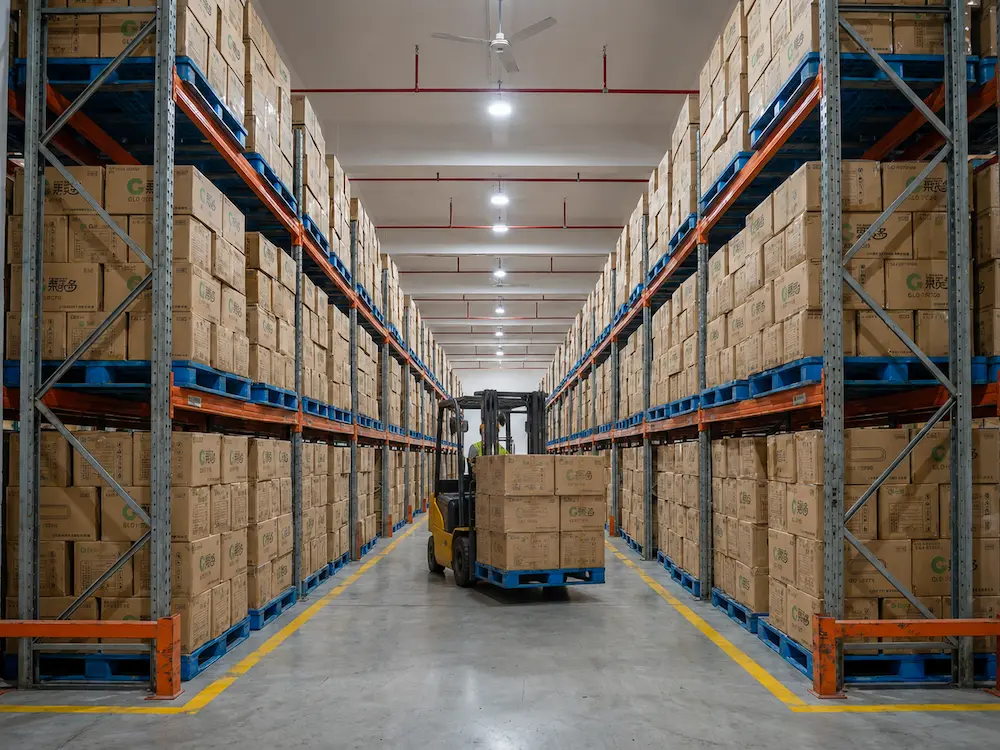 Warehouse storage for wholesale square deli container cartons and bulk food packaging supply