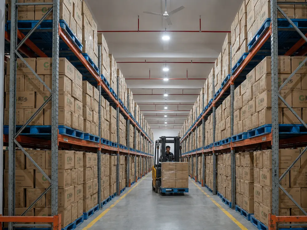 Warehouse storage of packed square PET deli containers for wholesale food packaging distribution