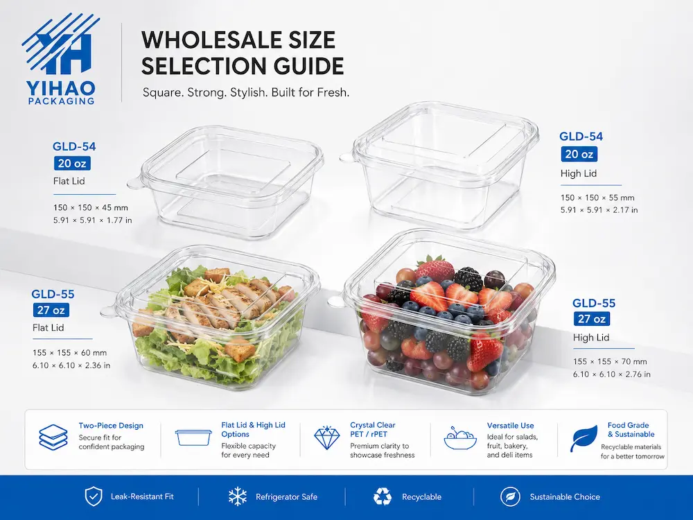 Wholesale size selection guide for square PET and RPET salad containers