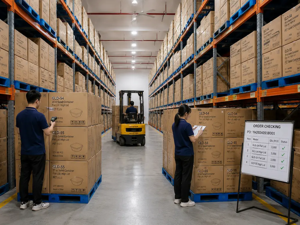 Wholesale warehouse inventory checking for square PET salad container orders
