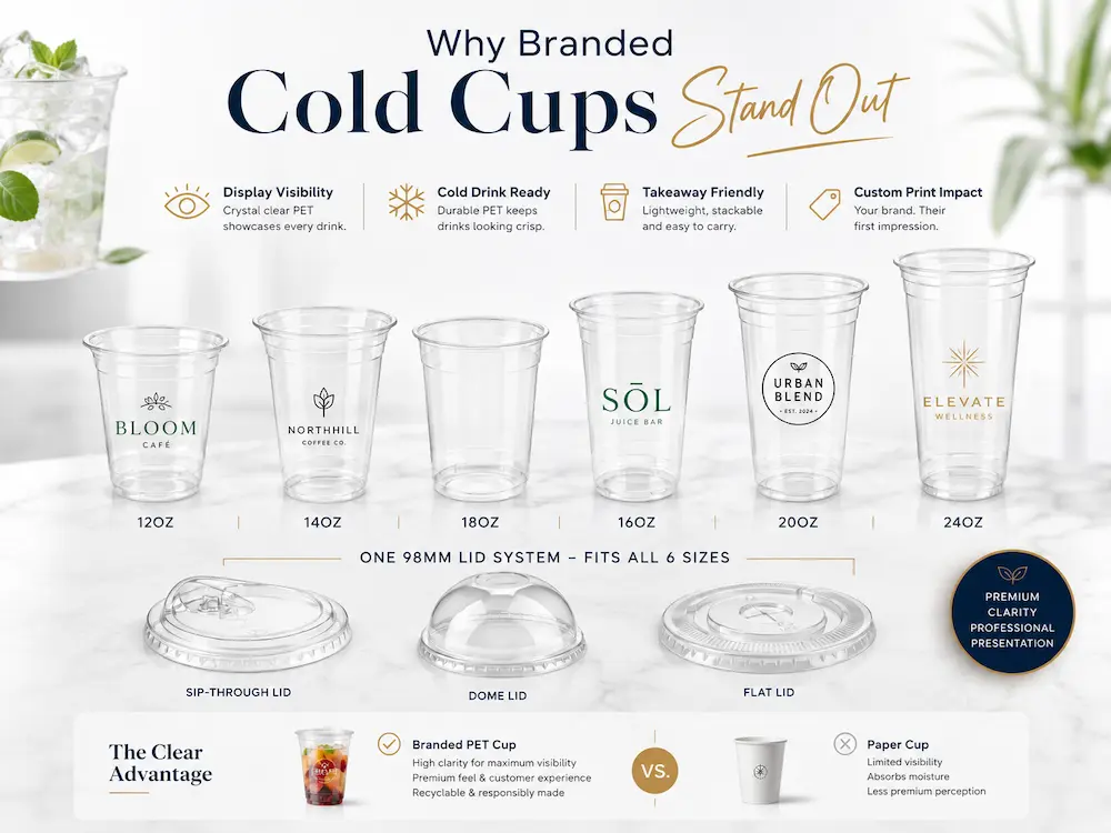 Infographic showing why branded cold cups stand out with display visibility, cold drink readiness, takeaway convenience, and custom print impact