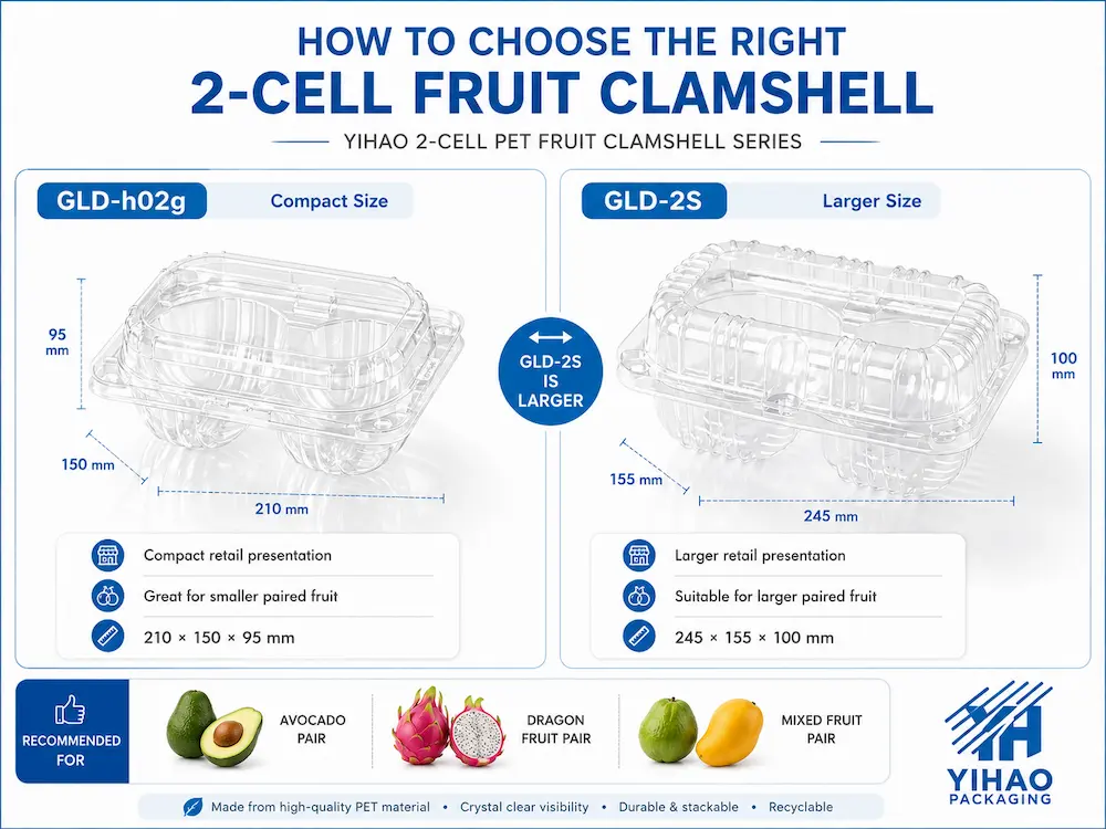 Retail Fruit Containers: Buyer Guide for Food Packaging Teams 4 YIHAO 2-cell PET fruit clamshell size comparison for avocado and dragon fruit retail packaging
