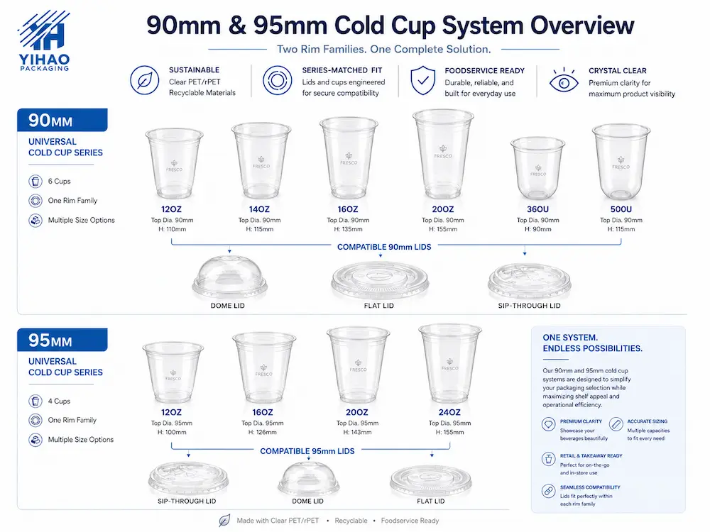 Wholesale Cold Cup Manufacturer Guide for Beverage Chains 4 YIHAO 90mm and 95mm PET cold cup lid system overview with flat, dome, and sip-through lids