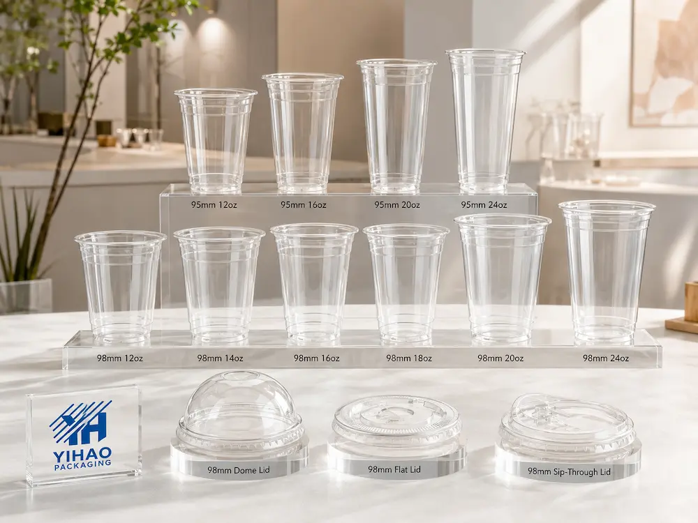 95mm and 98mm clear PET iced tea cups with matching flat, dome, and sip-through lids
