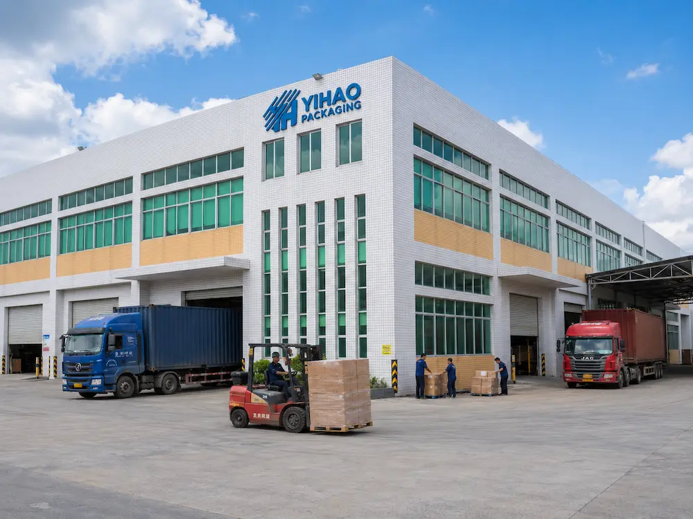 Beverage Brand Cups FAQ: Materials, Sizes, Uses, and Ordering Questions 8 YIHAO beverage cup factory with bulk packaging shipments, loading area, trucks, and palletized cartons