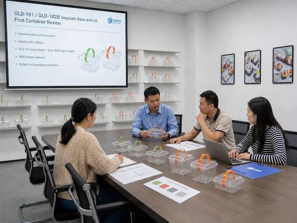 YIHAO chilled fruit container sample review meeting for PET packaging buyers
