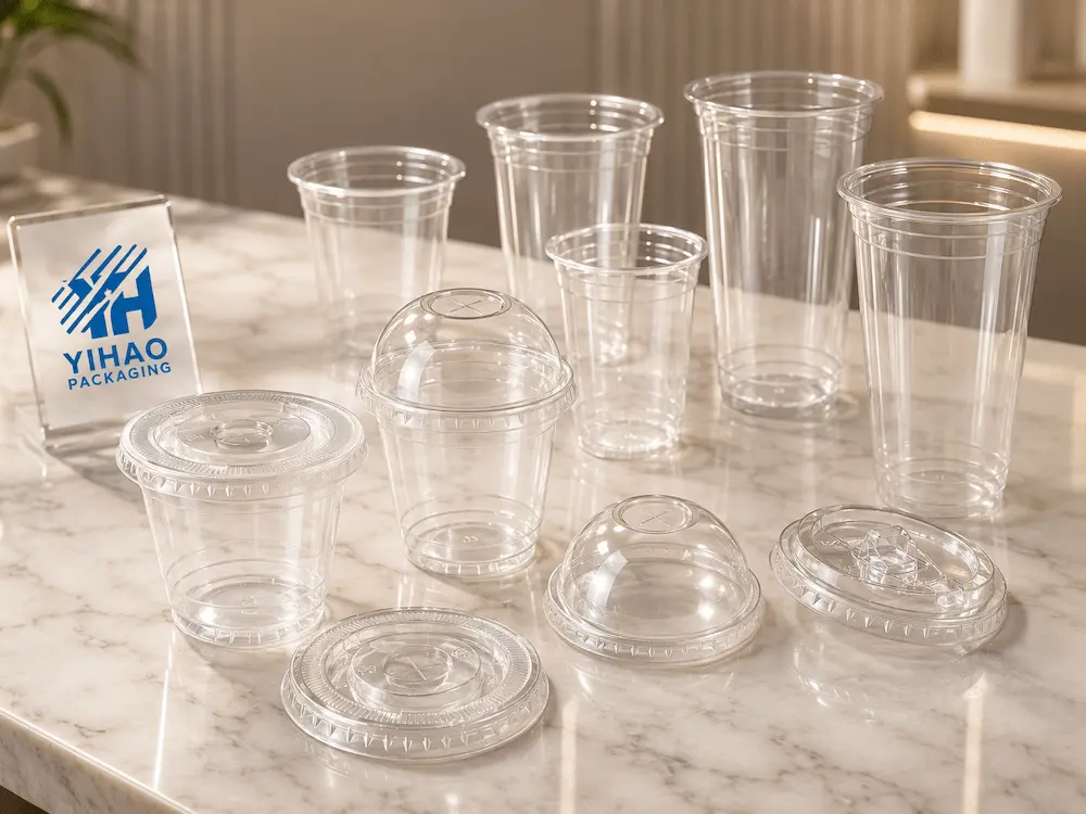 Juice, Lemonade, and Sparkling Fruit Drink Cups Complete Guide 2 YIHAO clear PET cold cups and matching lids displayed on a marble counter