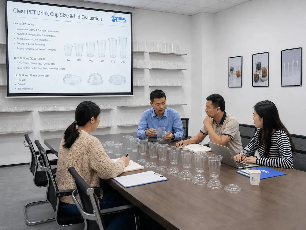 Juice, Lemonade, and Sparkling Fruit Drink Cups Complete Guide 8 YIHAO team evaluating clear PET drink cup sizes lids and packaging options for buyers