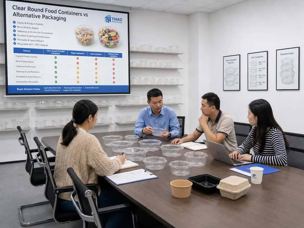 Clear Round Food Containers vs Alternative Packaging: How Buyers Should Choose 8 YIHAO team reviewing clear round PET food containers with buyers in a packaging selection meeting
