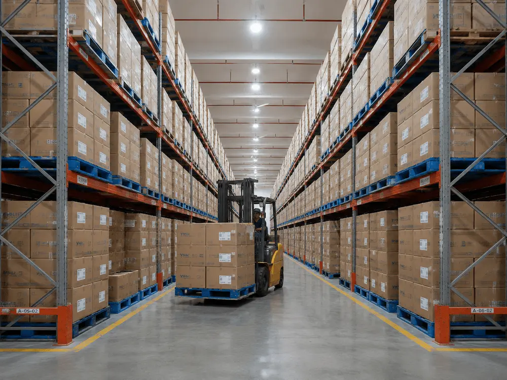 Juice, Lemonade, and Sparkling Fruit Drink Cups Complete Guide 4 YIHAO packaged cold cup cartons stored on pallets in a warehouse for wholesale supply