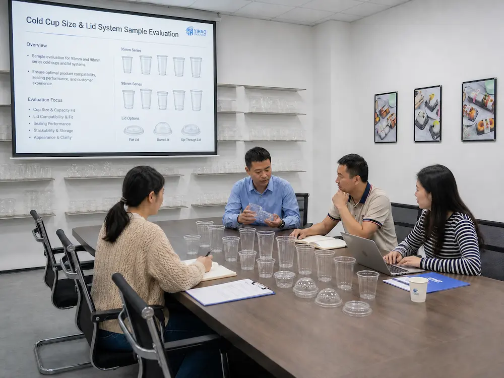 YIHAO team evaluating 95mm and 98mm PET cold cup and lid compatibility samples
